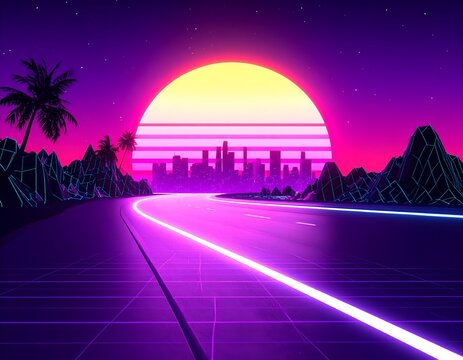 A futuristic, neon-lit highway leads toward a city at sunset with digital mountains