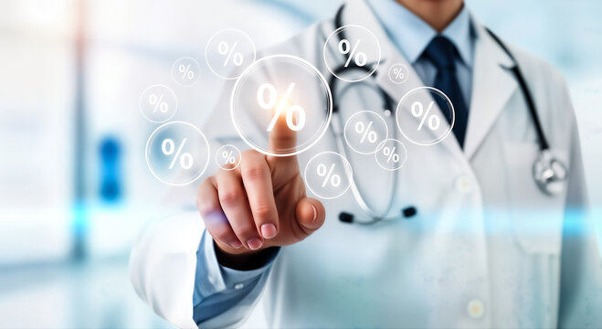A medical professional in a white coat interacts with a digital interface displaying percentage symbols, representing healthcare costs, financial planning, and statistical analysis
