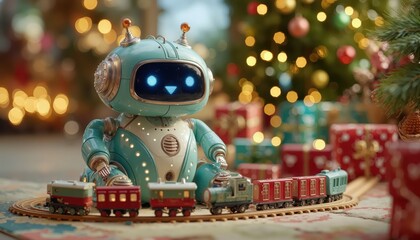 Festive Robot Plays With Toy Train Set Amid Colorful Holiday Decorations and Sparkling Lights