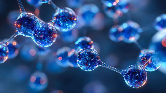 A close up of blue spheres that are connected to each other. The spheres are glowing and appear to be part of a larger structure. Concept of complexity and interconnectedness