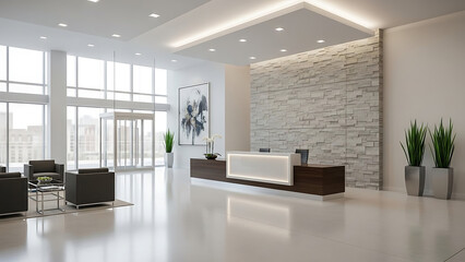 A modern office lobby with reception desk seating area and large windows in a bright space