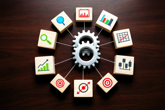 Data Analytics Strategy: Wooden Blocks with Business Icons & Gears for Data-Driven Decision Making & Business Intelligence Concept
