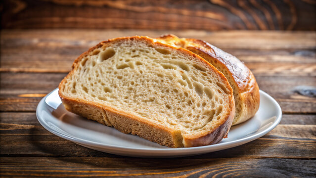 Thick slice of Portuguese broa bread served on plate, displayed with its rich texture and golden crust.