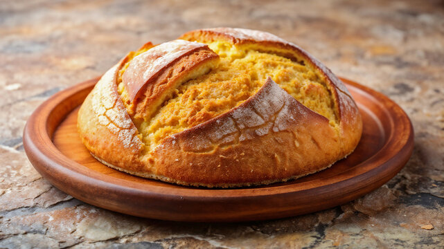 Traditional cornmeal broa bread on wooden plate presents rustic simplicity and culinary tradition. Delicious cornmeal broa bread is freshly baked and served.