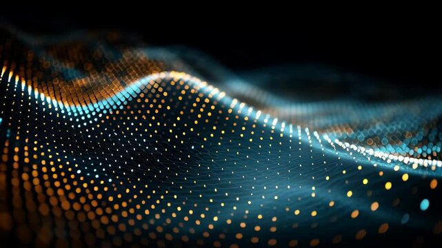 Dynamic Digital Waveform Visualization with Vibrant LED Pattern Movements in a High-Tech Abstract Scene