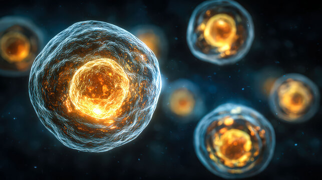 A group of cells with one of them having a yellow center. The cells are all different sizes and colors