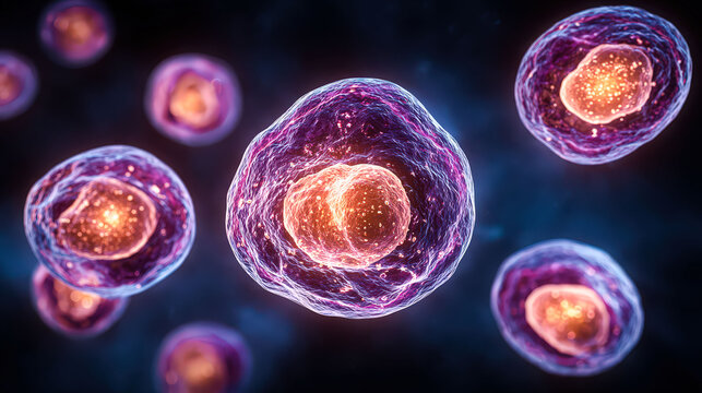 A group of cells with a pink and orange center. The cells are in a blue background