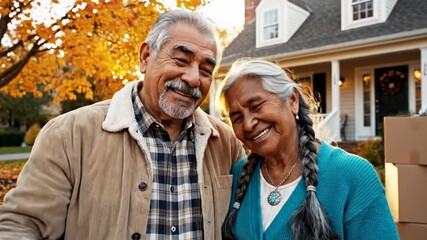 Happy older couple smiling together in the park, enjoying retirement and love outdoors