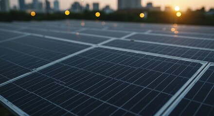 A rooftop solar panel array is installed in a city to provide clean, localized electricity. Concept of urban solar power generation.