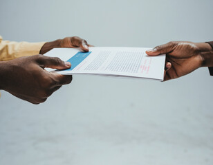 African American Hands Exchanging Business Documents on Neutral Background