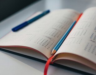 Open Planner with Calendar Pages Blue Pencil and Red Ribbon Bookmark