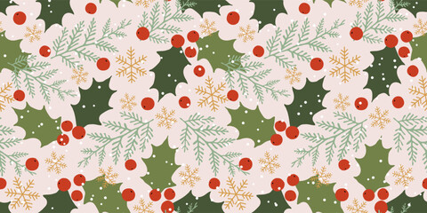 Vector Christmas seamless pattern design, hand-drawn with red holly berries, fir branches, and snowflakes.