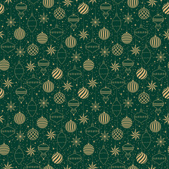Christmas vector seamless pattern with golden baubles on a green background. Illustration for gift wrapping paper, surface textures, and scrapbooks.