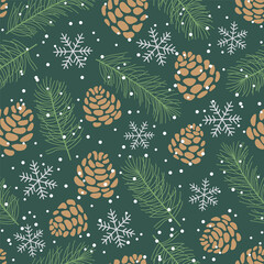 Vector Christmas seamless pattern design, pine cones, fir branches, and snowflakes.