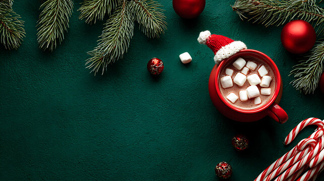 Christmas flat lay with a red mug of hot chocolate and marshmallows, candy canes, red ornaments, and pine branches on a dark green background.