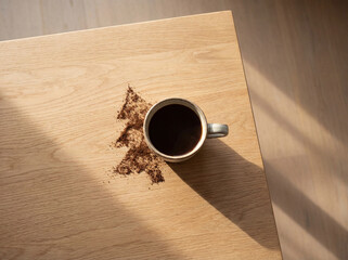 Christmas tree pattern from spilled coffee on wooden table