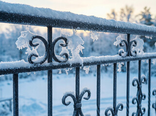 Snow-covered wrought iron balcony railing in winter morning light