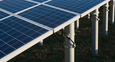 Heavy-duty pillars support large solar panel arrays at a utility-scale solar power plant. Concept of robust infrastructure for solar farms.