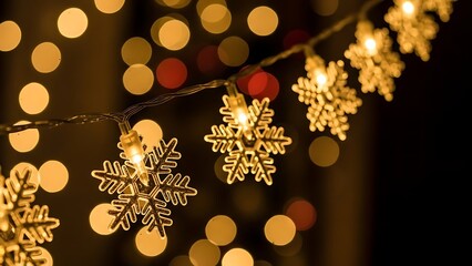 Snowflake string lights with bokeh background for winter holiday decor