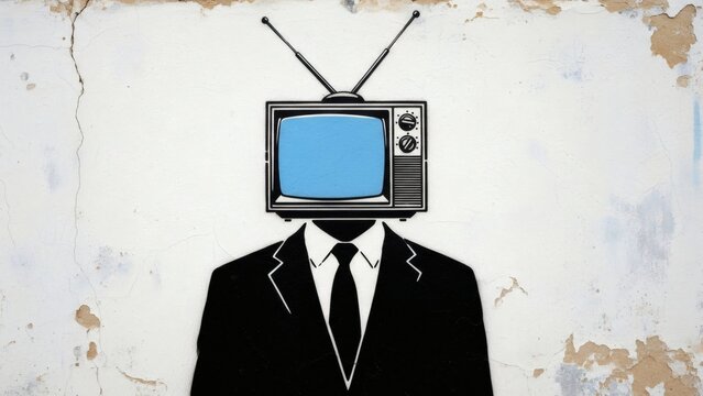 TV Head Suit Media Influence Modern man is absorbed in TV propaganda.