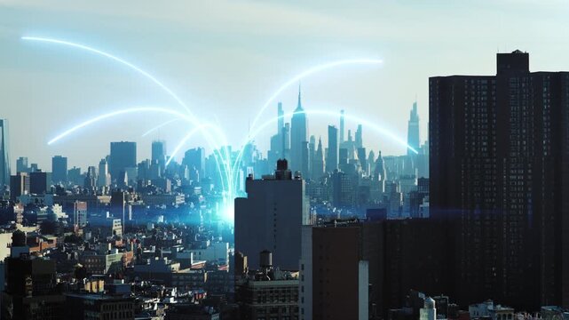 Futuristic smart city with a glowing digital overlay. Animation showing data connections and information flow over urban landscape