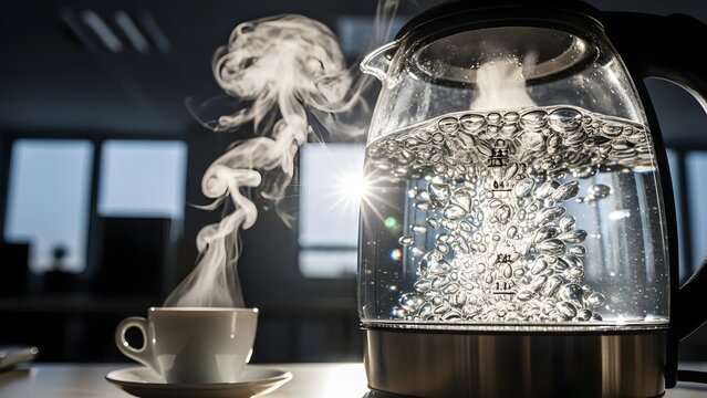 Steaming Kettle and Coffee Cup Office Break Time Refreshment.