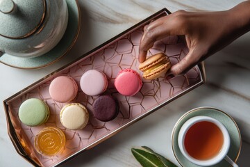 Foods styling magazine content concept. Colorful macarons on a decorative tray with tea and honey.