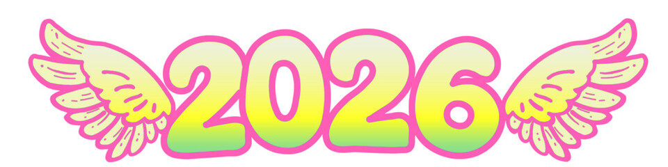 winged 2026 year design in pastel colors with pink outline for a playful and celebratory look