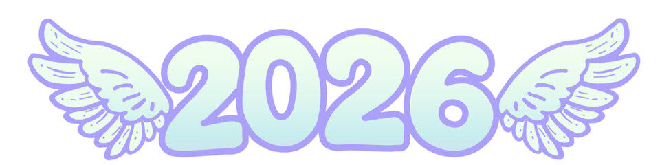 2026 with angel wings illustration in a pastel purple and blue gradient