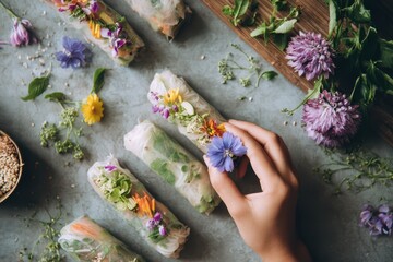Foods styling magazine content concept. Fresh spring rolls with flowers and herbs, displayed on a rustic surface.