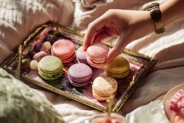 Foods styling magazine content concept. Colorful macarons on a silver tray being enjoyed in a cozy setting.