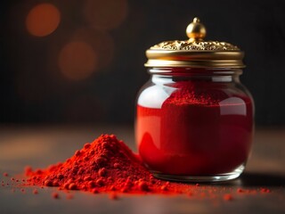 a glass jar filled with red spice powder, with a small pile of the same powder beside it, all presented on a wooden surface with a dark lights background.