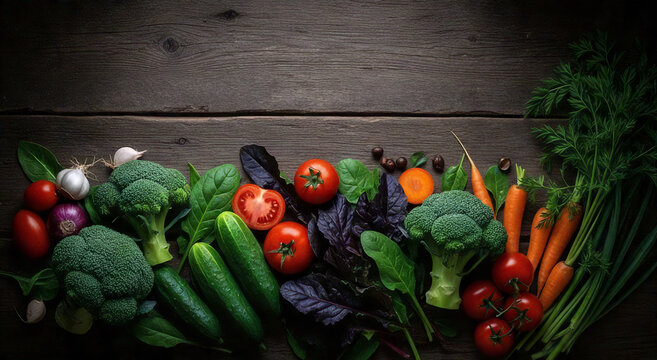 Fresh Vegetable Harvest on Rustic Wood: Broccoli, Tomato, and Carrots