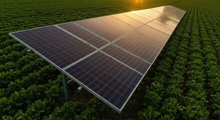 Photovoltaic panels are positioned above agricultural crops to simultaneously generate electricity and grow food. Concept of agrivoltaics, combining farming and solar energy.