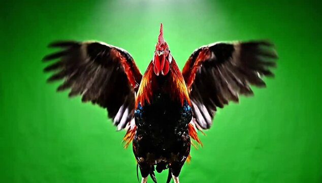  A rooster flapping its wings on green screen.