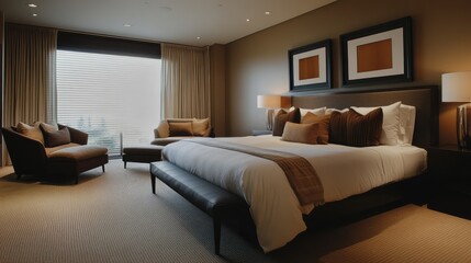 A chic and minimalist master bedroom with a king bed, muted brown decor, and a stylish seating area featuring low-profile armchairs.