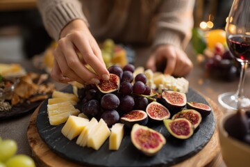 Foods styling magazine content concept. A hand arranging a platter of figs, grapes, and cheese with a glass of red wine nearby.
