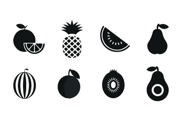 Minimal black fruit icon set for menus, labels, and branding.