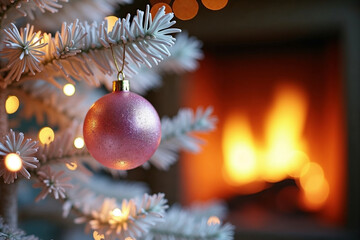 Holiday Hearth Focus: Xmas Decoration and Blurry Burning Fire