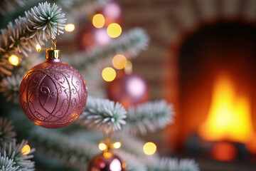 Cozy Christmas Fireplace: Pink Ornament on Fir Tree with Warm Glow