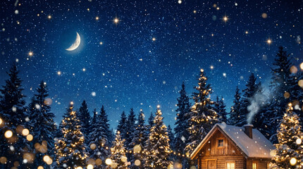 Christmas background with Christmas trees, house, stars in the sky and moon