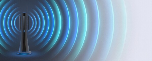 Fototapeta premium Futuristic 5G network tower with blue radio signal waves. Wireless telecommunications antenna transmitting data. Internet connection concept with copy space