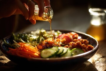 Foods styling magazine content concept. A hand drizzles sauce over a vibrant salad plate with fresh vegetables.