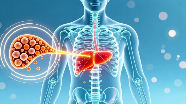 A translucent torso with glowing liver and scan rings showing virus, concept of fatty liver disease, hepatic steatosis