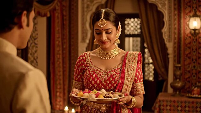 A woman in traditional attire holds a tray of colorful sweets while smiling gently. She is adorned with jewelry
