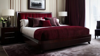 A chic and sophisticated bedroom featuring a queen-size bed, dark red hues, and smooth wooden finishes, adding a touch of modern luxury.