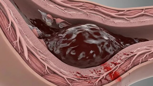 Medical Animation Illustrating Arterial Thrombus Formation and Embolism Showing Clot Progression and Rupture Within a Human Artery Cross-Section