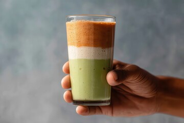 Foods styling magazine content concept. Colorful layered drink held in hand, showcasing vibrant textures and refreshing appeal.