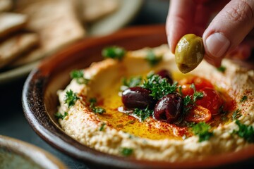 Foods styling magazine content concept. Delicious hummus topped with olives and herbs, ready to enjoy.
