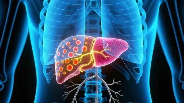 A blue and red liver with glowing under stress showing fatty liver disease, hepatic steatosis